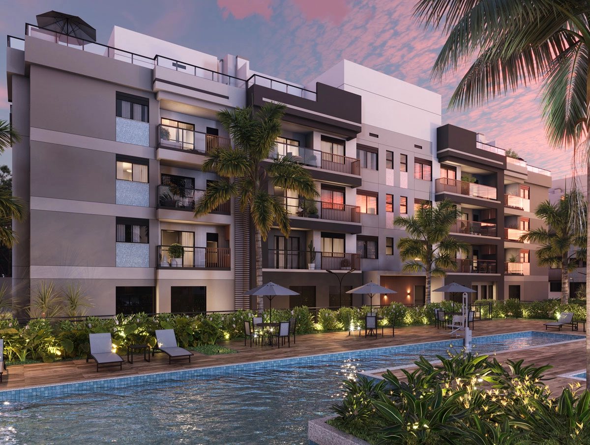 Fachada de empreendimento novo no Rio de Janeiro ao entardecer